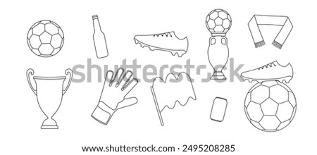Soccer sport equipment and objects . Vector stock one line hand drawing illustration isolated on white background for design template football championship, game. Editable stroke. 