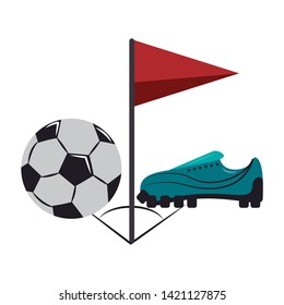 Soccer sport game ball boot and red flag isolated vector illustration graphic design