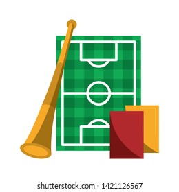 Soccer sport game horn playfield and referee cards isolated vector illustration graphic design