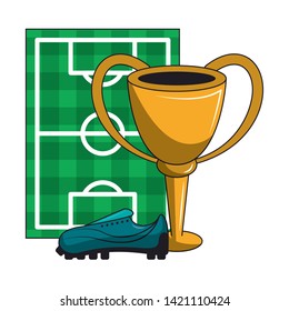 Soccer sport game playfield trophy cup and boot isolated vector illustration graphic design