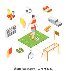 Soccer Sport Game Signs 3d Icons Set Isometric View Include of Flag, Ball, Shoe, Whistle, Champion and Trophy. Vector illustration