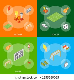 Soccer Sport Game Signs 3d Banner Set Isometric View Include of Flag, Ball, Shoe, Whistle, Champion and Trophy. Vector illustration