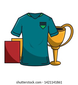 Soccer sport game tshirt referee cards and trophy cup isolated vector illustration graphic design