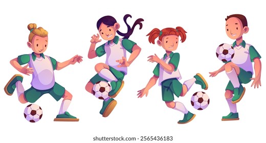 Soccer sport kids in action poses - young players wearing green uniforms demonstrate different ball control techniques, dribbling moves and freestyle tricks. Dynamic cartoon characters on training.