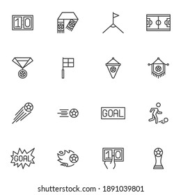Soccer sport line icons set, outline vector symbol collection, linear style pictogram pack. Signs, logo illustration. Set includes icons as soccer field, champion medal, football ball, goal, cup