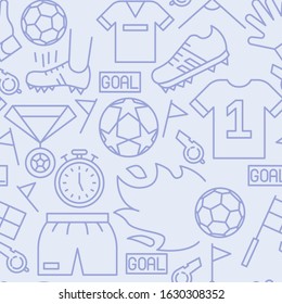 Soccer sport seamless pattern. Football icons pattern background with award cup, ball, stopwatch, goal, boots, referee whistle,medal. Vector graphics