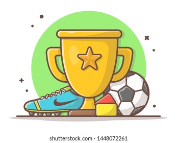 Soccer Sport Trophy with Soccer Ball and Shoes Vector Illustration. Winner Cup. Champion Award Victory. Flat Cartoon Style Suitable for Web Landing Page,  Banner, Flyer, Sticker, Card, Background