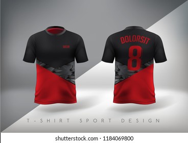 Soccer sport t-shirt design slim-fitting red and black with round neck. Vector illustration.