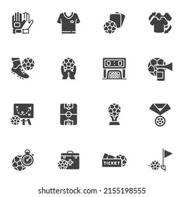 Juego de iconos vectoriales deportivos de fútbol, colección moderna de símbolos sólidos, juego de fútbol relleno estilo pictograma paquete. Señales, ilustración del logotipo. El juego incluye iconos como guantes de portero, copa campeona, patada de esquina