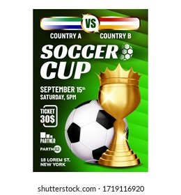 Soccer Sportive Champion Cup Booklet Poster Vector. Soccer Ball And Golden World Cup For Winner Championship. Federation Internationale Football Association Promotion Concept Mockup Illustration
