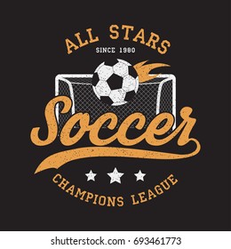 Soccer sports apparel with football goal and fiery ball. Typography emblem for t-shirt. Design for athletic clothes print. Vector illustration.