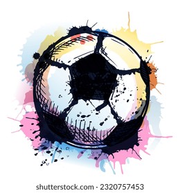 Balón deportivo de fútbol sobre fondo salpicado de color acuático. Ilustración de esbozo dibujada a mano por vectores. Concepto del campeonato de fútbol. Impresión deportiva, cartel o elemento de diseño de banderas