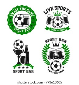 Soccer Sports Bar Or Football Fan Club Beer Pub Icon Templates. Vector Isolated Labels Of Beer Drink And Football Ball Or Soccer Cup For Live Team League Championship Or Game Tournament