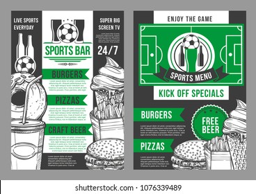 Soccer sports bar menu posters template for football championship special offer for craft beer, pizza, burgers and snacks or desserts. Vector menu design of soccer ball cup and arena stadium