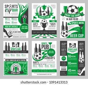 Soccer sports bar menu posters for special offer of craft beer, pizza, burgers and snacks or desserts. Vector menu design of soccer ball cup and arena stadium for football championship