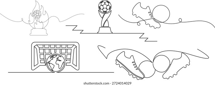 Colección de Elementos deportivos de fútbol que incluye trofeos, botas y una meta de globo en estilo de arte de línea
