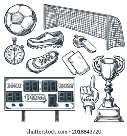 Soccer sports equipment. Vector hand drawn sketch illustration. Football ball, scoreboard, goal, and trophy cup icons, isolated on white background