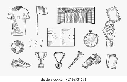 Equipamiento deportivo de fútbol. Ilustración de esbozo dibujada a mano por vectores. Iconos de fútbol, gol, trofeo, camiseta, bandera y cartas, aislados en fondo blanco