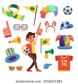 Soccer Sports Funs With Tools To Cheer Team Win. Cartoon Vector Set. Sport Soccer And Football Cheering Elements Illustration