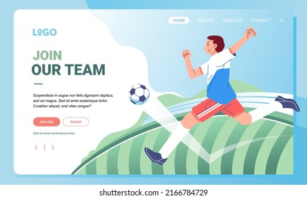 Soccer Sports Landing Page, For Web, Banner, App Concept, Modern Flat Vector Soccer Character. Soccer Player Trying To Dribble Towards Goal