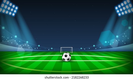 Soccer sports stadium vector illustration. Soccer ball on football arena field. 