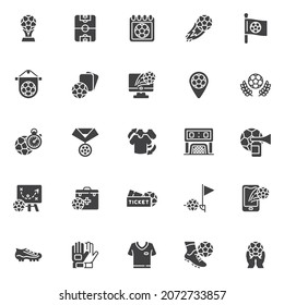Soccer sports vector icons set, modern solid symbol collection, filled style pictogram pack. Signs, logo illustration. Set includes icons as goalkeeper gloves, football ball, soccer boots, jersey