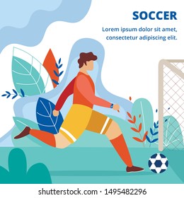 Soccer Square Banner. Sportsman Wearing Sportswear Hitting Ball Attacking Opponents Gate. Football Competition, Tournament Game, Footballer Hit Goal Poster, Invitation Cartoon Flat Vector Illustration