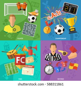 Soccer square banners set with flat icons referee, championship, player and trophy. vector illustration