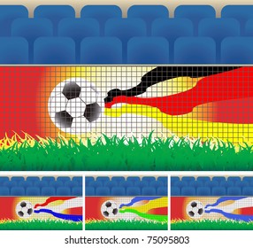 Soccer stadium advertising board with ball and some country national colors.