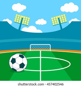 Soccer stadium background with soccer ball. Vector illustration