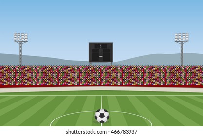 Soccer Stadium With Ball And Crowd On Grandstand. Vector