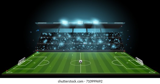 Soccer Stadium With Ball On Football Field And Spotlight With Abstract Glitter Light And Crowd On Soccer Stadium At Night ,soccer Sport Vector Background Concept 