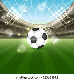 Soccer stadium with a ball on the grass and tribune with spotlights. Vector illustration.