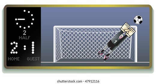 Soccer stadium board with match episode - jumping  goalkeeper. Vector illustration.