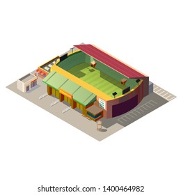 Soccer stadium building with ticket office and empty parking area low poly isometric vector illustration isolated on white background. City sport and recreation, urban infrastructure design element