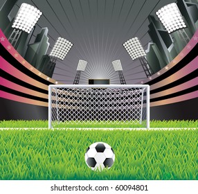 Soccer stadium with detailed grass and goal. Vector illustration.