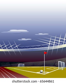 Soccer stadium with detailed tribunes, field and goals.