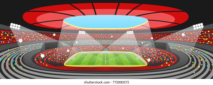 Soccer stadium during sports match. Football arena field.
