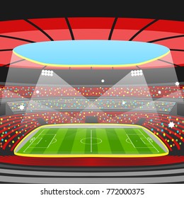 Soccer stadium during sports match. Football arena field.