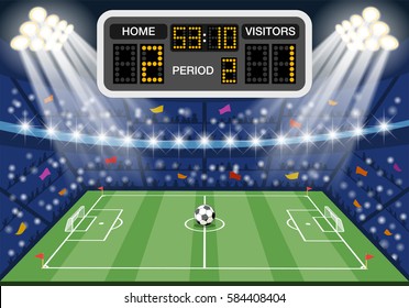 Soccer stadium with flat icons scoreboard, spotlight, ball, fans and goal, vector illustration