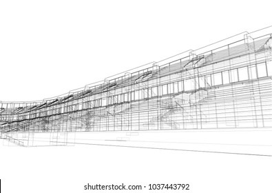 Soccer Stadium or Football Arena Concept. Vector rendering of 3d. Wire-frame style. The layers of visible and invisible lines are separated