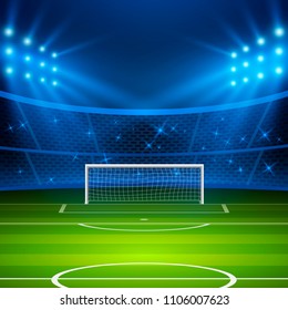 Soccer stadium. Football arena field with goal and bright stadium lights. Football World Cup. Vector illustration