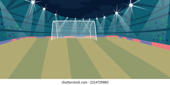 Soccer Stadium, Football Arena Field With Bright Lights, Green Grass, Gate and Tribunes Perspective View. Night Sport Ground with Illumination, Place for Competition, Game. Cartoon Vector Illustration