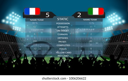 soccer stadium with football field and ball with spotlight at night with glitter light and silhouette fan stand up and hand flag with scoreboard, crowd at seat on soccer stadium,sport concept