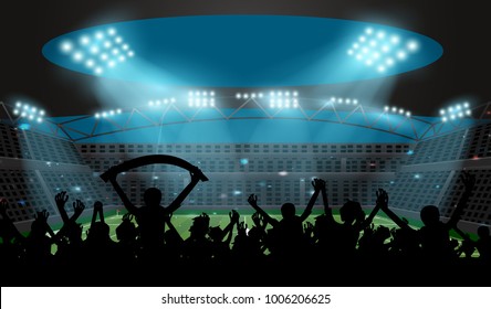 soccer stadium with football field and ball with spotlight at night with glitter light and silhouette fan stand up and hand flag, crowd at seat on soccer stadium,sport concept 