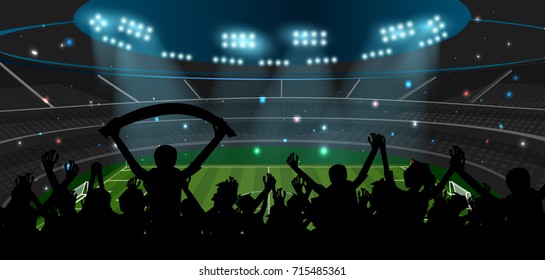 soccer stadium with football field and ball with spotlight at night with glitter light and silhouette fan stand up and hand flag, crowd at seat on soccer stadium,sport concept vector background