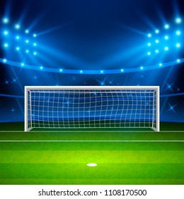 Soccer stadium. Green football field on stadium, arena in night illuminated bright spotlights. Vector illustration