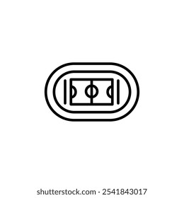 Ícone do estádio de futebol. Ilustração em linha simples mostrando uma vista superior de um campo de futebol dentro de um estádio de formato oval. Ideal para projetos relacionados a esportes, eventos e projetos de arquitetura. Ilustração vetorial