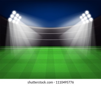 Soccer stadium with illumination, green grass and night sky Vector illustration.