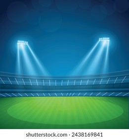 soccer stadium with illumination, green grass and night sky. Night Cricket stadium. Football night stadium  illustration vector. stadium light 3d rendering